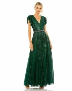 Sequined Wrap Over Ruffled Cap Sleeve Gown -Women's Skirt 5502 DeepGreen AB