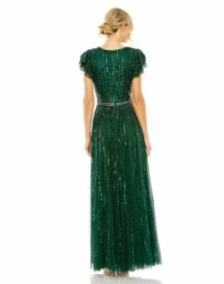 Sequined Wrap Over Ruffled Cap Sleeve Gown -Women's Skirt 5502 DeepGreen BK