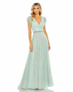 Sequined Wrap Over Ruffled Cap Sleeve Gown