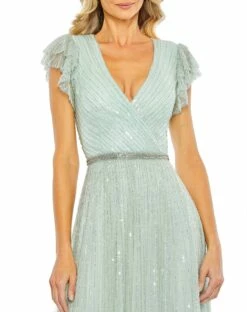 Sequined Wrap Over Ruffled Cap Sleeve Gown -Women's Skirt 5502 Seamist CL