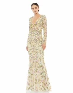 Long Sleeve Floral Embellished Gown