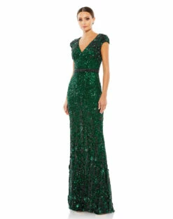 Embellished V Neck Cap Sleeve Sequin Gown