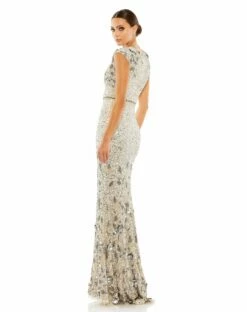 Embellished V Neck Cap Sleeve Sequin Gown 15 Embellished V Neck Cap Sleeve Sequin Gown -Women's Skirt 5505 NUS 2 WS
