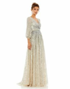 Sequined Wrap Over 3/4 Sleeve Gown 20 Sequined Wrap Over 3/4 Sleeve Gown -Women's Skirt 5509 SilverNude AS 1