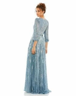 Sequined Wrap Over 3/4 Sleeve Gown 26 Sequined Wrap Over 3/4 Sleeve Gown -Women's Skirt 5509 SlateBlue BK