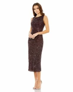 Sleeveless Sequined Midi Sheath Dress -Women's Skirt 5526 Mahogany AB