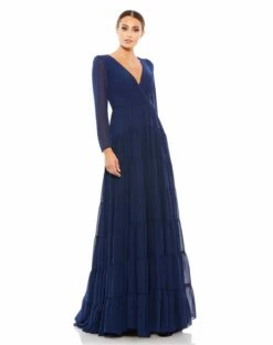 Long Sleeve Ruffle Tiered Evening Gown