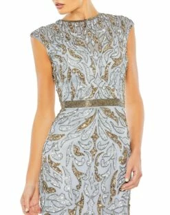 Embellished Illusion Cap Sleeve Column Gown -Women's Skirt 5532 PlatinumGold CL