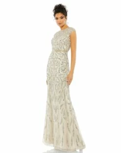 Embellished Illusion Cap Sleeve Column Gown -Women's Skirt 5532 SilverNude AB