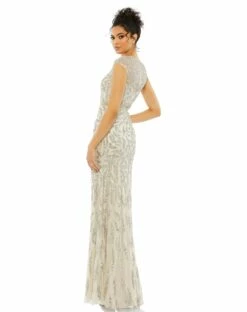 Embellished Illusion Cap Sleeve Column Gown -Women's Skirt 5532 SilverNude BK