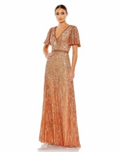 Embellished V Neck Butterfly Sleeve Column Gown -Women's Skirt 5538 Copper AB