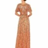 Embellished V Neck Butterfly Sleeve Column Gown -Women's Skirt 5538 Copper BK