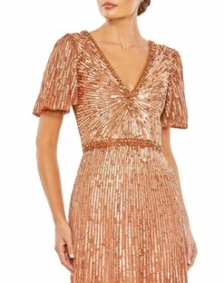 Embellished V Neck Butterfly Sleeve Column Gown -Women's Skirt 5538 Copper CL