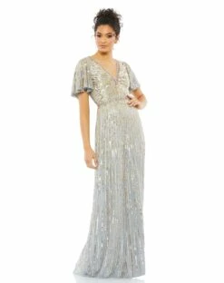 Embellished V Neck Butterfly Sleeve Column Gown -Women's Skirt 5538 Platinum AB