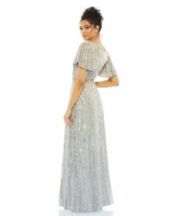 Embellished V Neck Butterfly Sleeve Column Gown -Women's Skirt 5538 Platinum BK
