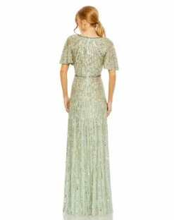 Embellished V Neck Butterfly Sleeve Column Gown -Women's Skirt 5538 Seamist BK