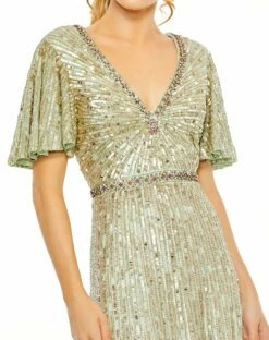 Embellished V Neck Butterfly Sleeve Column Gown -Women's Skirt 5538 Seamist CL