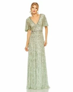 Embellished V Neck Butterfly Sleeve Column Gown -Women's Skirt 5538 SMI Default 1 WS