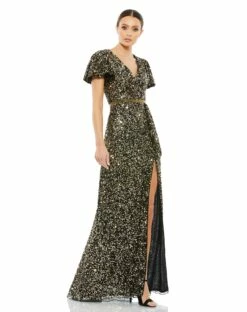Sequined Wrap Over Butterfly Sleeve Draped Gown -Women's Skirt 5540 BlackGold AB