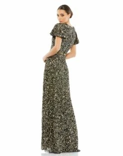 Sequined Wrap Over Butterfly Sleeve Draped Gown -Women's Skirt 5540 BlackGold BK