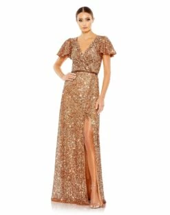 Sequined Wrap Over Butterfly Sleeve Draped Gown -Women's Skirt 5540 Copper AB