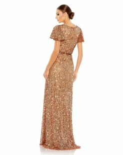 Sequined Wrap Over Butterfly Sleeve Draped Gown -Women's Skirt 5540 Copper BK