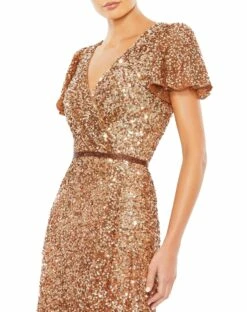 Sequined Wrap Over Butterfly Sleeve Draped Gown -Women's Skirt 5540 Copper CL