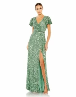 Sequined Wrap Over Butterfly Sleeve Draped Gown