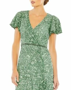 Sequined Wrap Over Butterfly Sleeve Draped Gown -Women's Skirt 5540 Sage CL