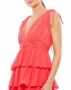 Pleated V Neck Tiered Ruffle Mini Dress -Women's Skirt 55403 HotPink CL
