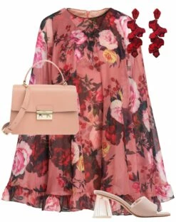 Floral Print High Neck Ruffle Hem Cape Mini Dress -Women's Skirt 55404 G RoseMulti S
