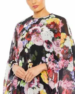Floral Print High Neck Ruffle Hem Cape Mini Dress -Women's Skirt 55404 Multi CL