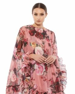 Floral Print High Neck Ruffle Hem Cape Mini Dress -Women's Skirt 55404 RSM 3 WS