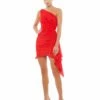 Asymmetrical Draped One Shoulder Mini Dress -Women's Skirt 55419 Red AB