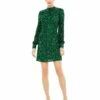 Sequin Open Back Bishop Sleeve Mini Dress -Women's Skirt 5545 Emerald AB