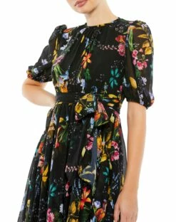 Floral Pattern High Neck Belted Midi Dress -Women's Skirt 55625 BMU 3 WS