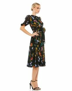 Floral Pattern High Neck Belted Midi Dress -Women's Skirt 55625 BMU 4 WS
