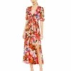 Floral Print Front Tie Puff Sleeve Flowy Midi Dress -Women's Skirt 55626 RoseMulti AB