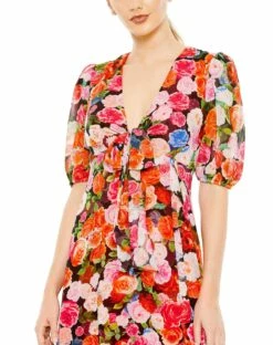 Floral Print Front Tie Puff Sleeve Flowy Midi Dress 7 Floral Print Front Tie Puff Sleeve Flowy Midi Dress -Women's Skirt 55626 RoseMulti CL