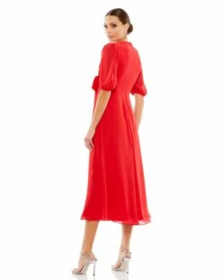 V Neck Bow Detail Flowy Midi Dress -Women's Skirt 55627 Chili BK