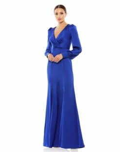 Satin Ruched Bishop Sleeve Gown