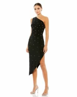 Rhinestone Encrusted One Shoulder Asymmetrical Hem Mid