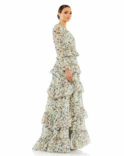 Floral Printed Tiered Ruffle Long Sleeve Gown -Women's Skirt 55664 Multi AS