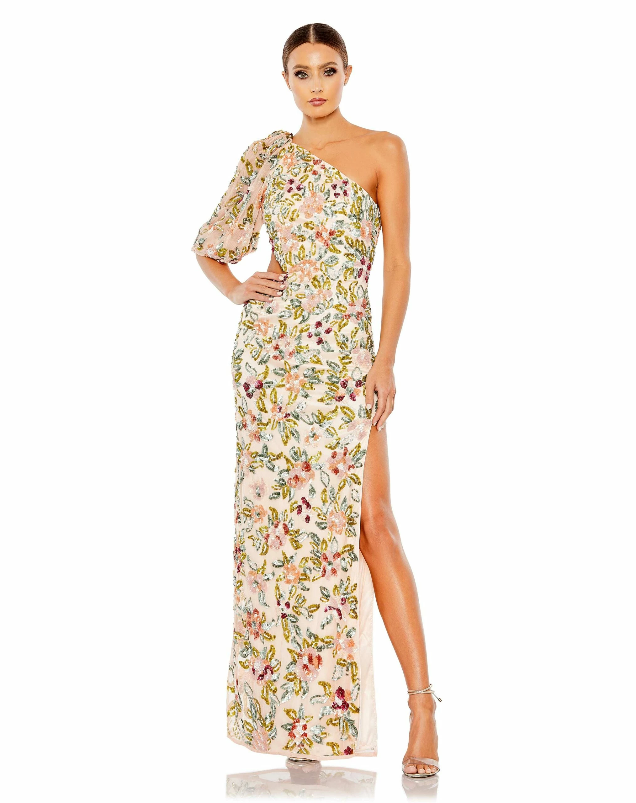 Floral 3/4 Sleeve Sequined Cutout Gown 3 Floral 3/4 Sleeve Sequined Cutout Gown