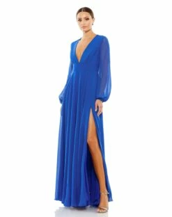 V-Neck Illusion Long Sleeve Chiffon Gown 12 V-Neck Illusion Long Sleeve Chiffon Gown -Women's Skirt 55682 RoyalBlue AB