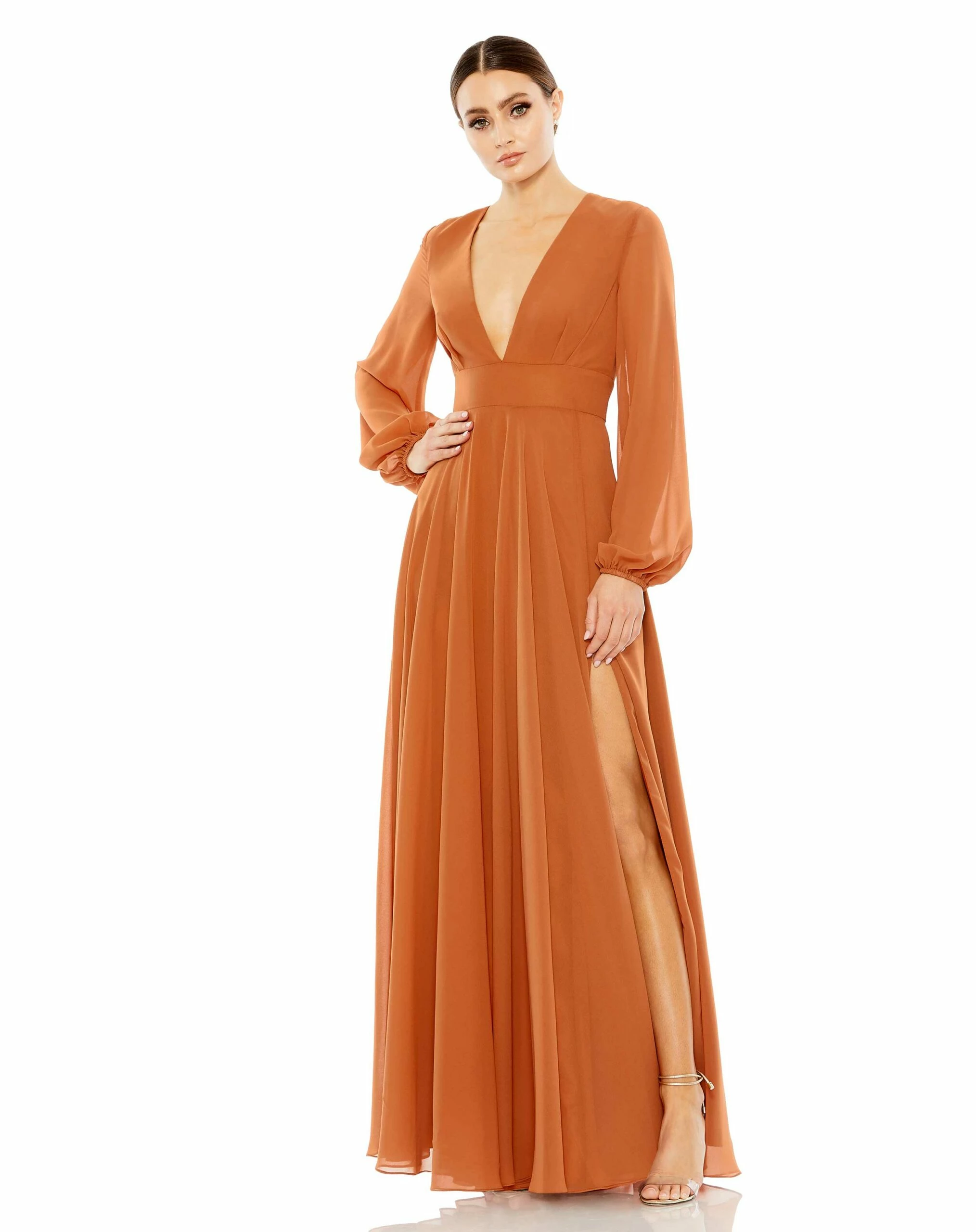 V-Neck Illusion Long Sleeve Chiffon Gown 3 V-Neck Illusion Long Sleeve Chiffon Gown