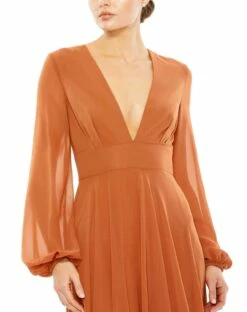 V-Neck Illusion Long Sleeve Chiffon Gown 11 V-Neck Illusion Long Sleeve Chiffon Gown -Women's Skirt 55682 TerraCotta CL