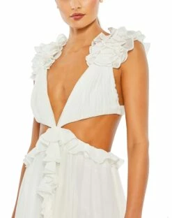 Ruffled Cut-Out V Neck Mini Dress -Women's Skirt 55688 White CL
