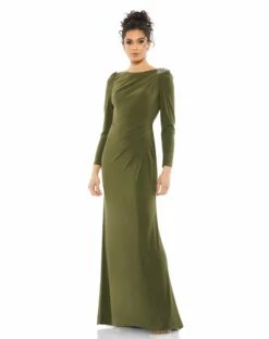 Boat Neck Jersey Gown W/ Embellished Shoulder