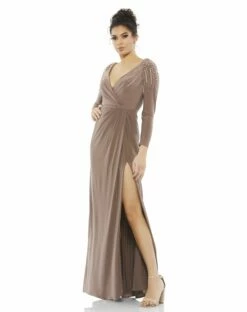 Faux Wrap Jersey Gown W/ Embellished Accents